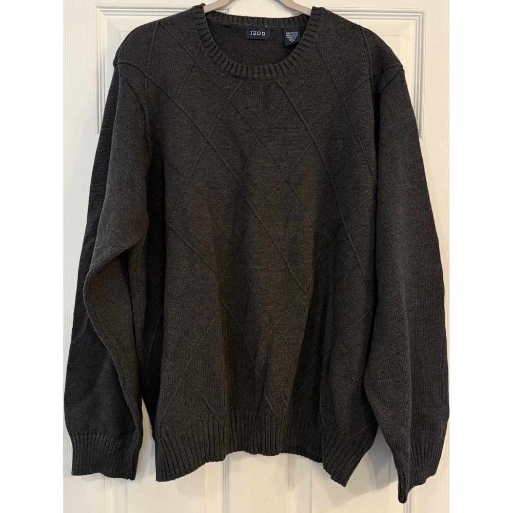 Izod Men's Sweater XXL Gray Geometric Pattern 100% Cotton Heavy Crew Neck Preppy